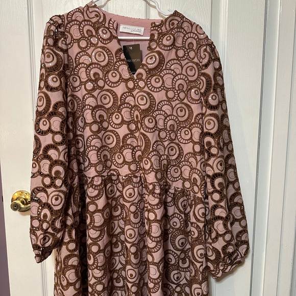 Impressions Boutique Pink Dress With Brown Open Lattice Overlay Size L - Picture 1 of 5